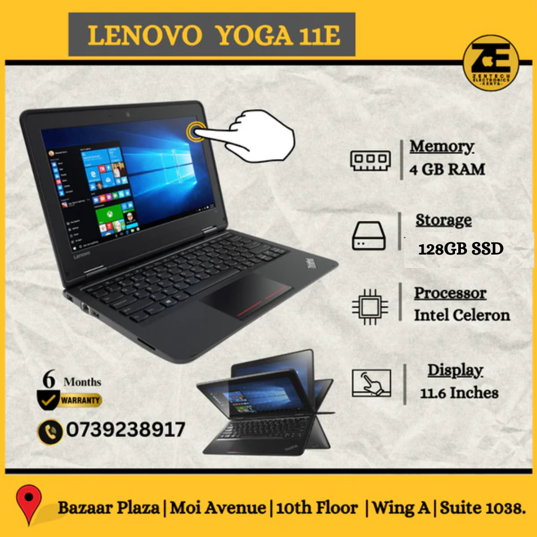 Lenovo Yoga 11E laptop with specifications and contact information on a yellow and gray background